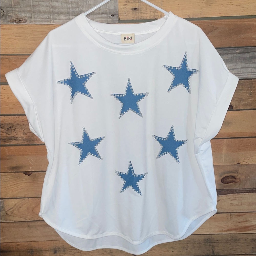 BiBi White Tee with Blue Star Design